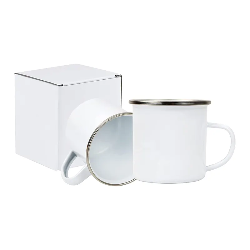 Tasse blanche pour Sublimation et en émail, Mug en métal, 15 pièces, 12 OZ, avec bords argentés, pour Camping voyage, fête des mères, fête des pères