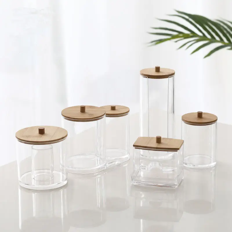 Organizador de bastoncillos de algodón y plástico transparente, caja de almacenamiento Pop-Up, soporte para hisopo de algodón con tapa de bambú, accesorios para productos de baño