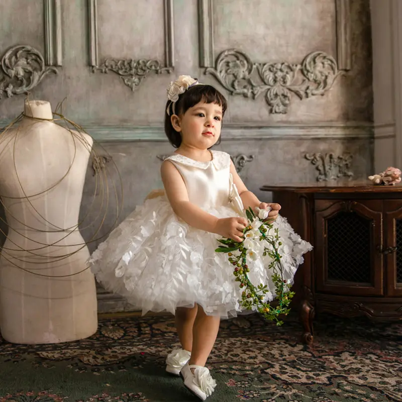 Tulle bianco estivo colletto alla Peter Pan ricamo famiglia abbinamenti abiti fiore neonate abiti da sposa abito da ballo per bambini