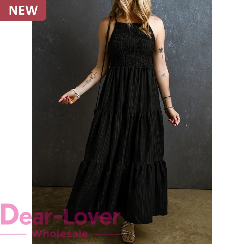 Dear-Lover ODM OEM Private Label all'ingrosso estate elegante spalline con spalline sbattenti davanti abbottonato Maxi abito lungo donna