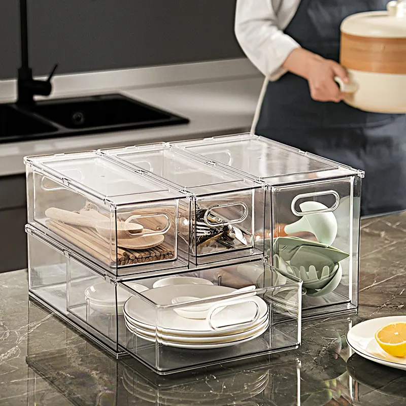 Nuovo 3L 6L 9L trasparente PET divisore frigorifero cassetto scatola di immagazzinaggio cucina dispensa impilabile organizzatore di cibo con maniglie