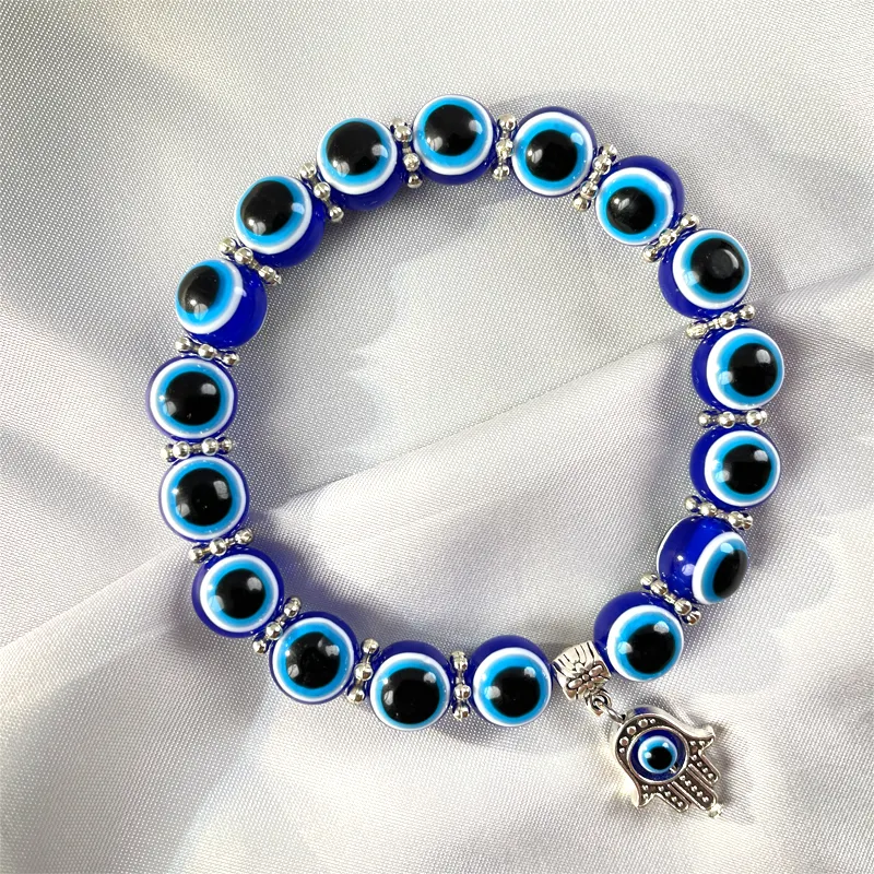 Bracelet élastique en œil maléfique, bijou porte-bonheur turc, main de fatma, breloque perlée bleue
