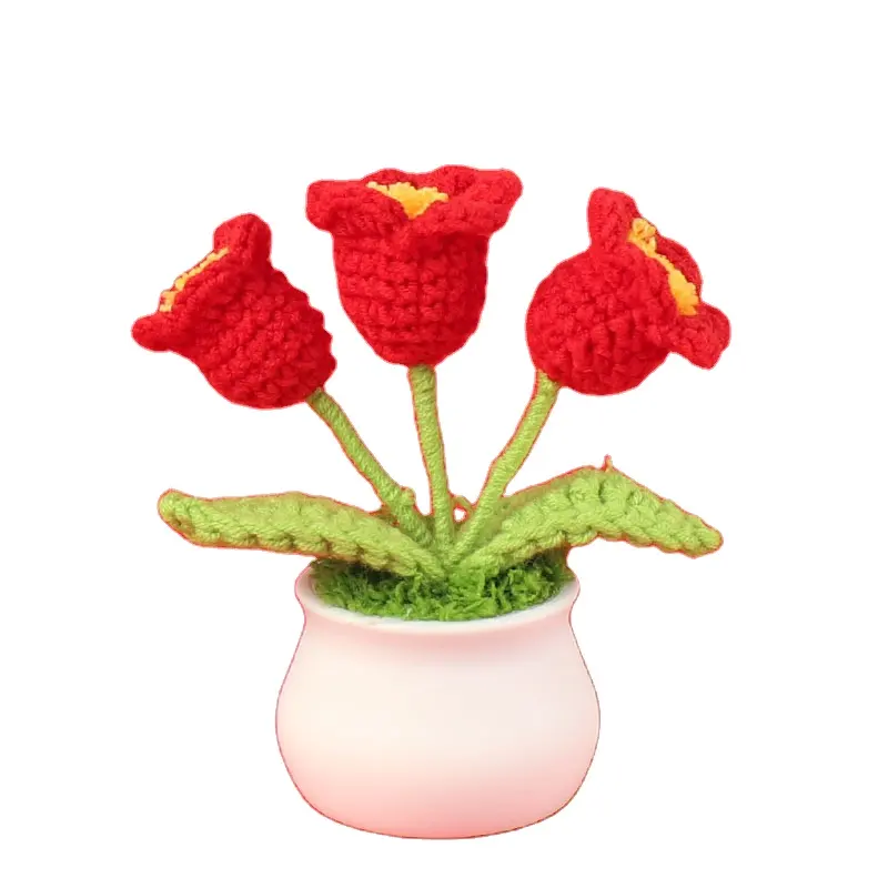 Nova ideia de decoração de mesa para presentes, buquê de flores de crochê artificial em fio de lã, convallaria majalis em vaso de crochê tricotado