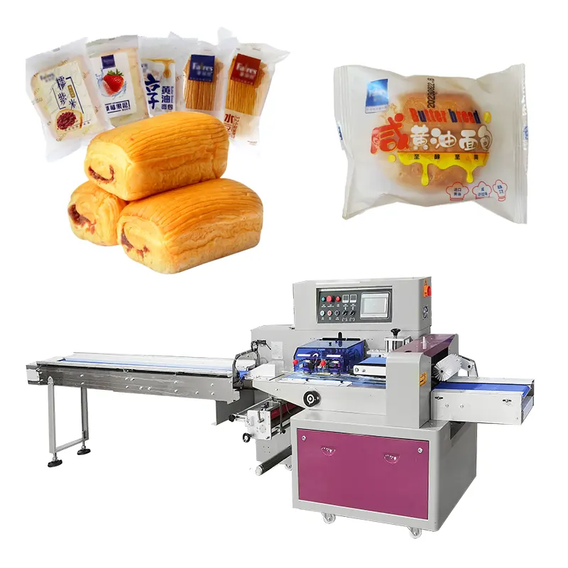 Fully automatic stainless steel pillow pack breakfast bread sandwiches donut biscuit cake packing machine
