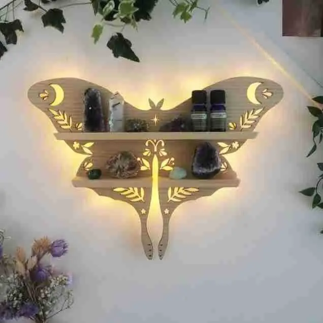 Handmade Luminous Butterfly Wooden Shelf Crystal Essential Oil Storage Rack Wall Display Living Room Decorative Rack Luna Moth
