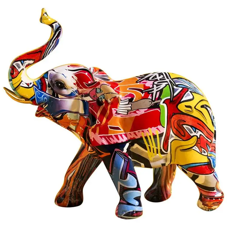 2021 moderne Figurine Décorative De Bureau Ornement Animal Olifant Houtsnijwerk Sculptuur Mode Graffiti Art Éléphant Statue