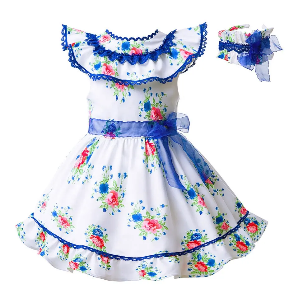 Oem pettigirl vestidos casuais meninas, vestido de impressão azul com chapéu, roupas de bebê