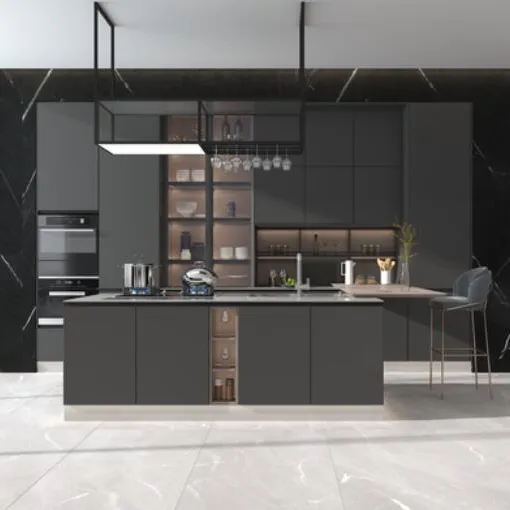 2012 personalizzato Moderno Grigio di Alta in acciaio inox Lucido Armadio Da Cucina disegni con Vetro della porta della cucina e mobile lavello
