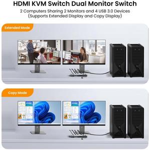 Justlink 2x2 para HDMI Kvm Switch 8K 60Hz Dual Monitor USB KVM Switcher Aleación de aluminio 2 2 2 Computadoras Compartir 2 Monitores Extendidos - Product Image 4