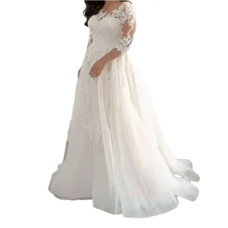 E0110ta55 Chất lượng cao lưới tay áo màu trắng khiêm tốn Wedding Dress cho cô dâu sehe thời trang