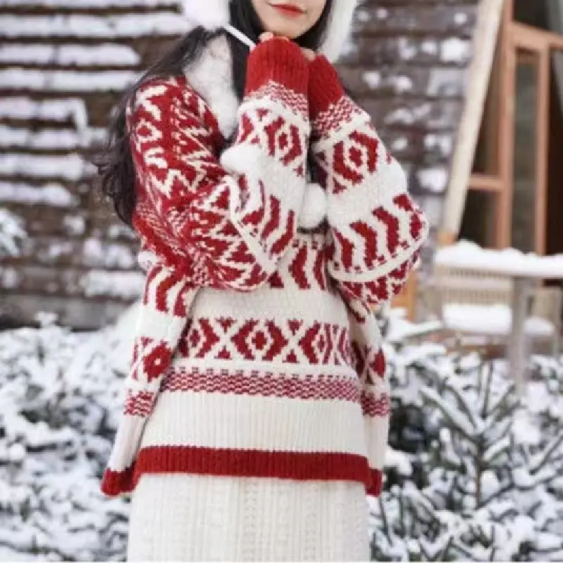 Özel kadınlar baggy kazak kış kırmızı dış giyim kalınlaşmış tembel noel Retro gevşek örme kadın kazak