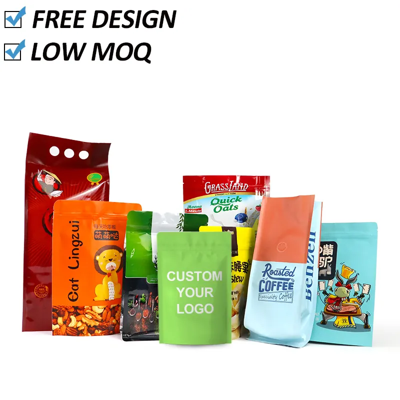 Honghai bolsa de embalagem com logotipo, saco com zíper de embalagem com design de embalagem ziplock reciclado, 8 bolsas laterais para vedação de alimentos