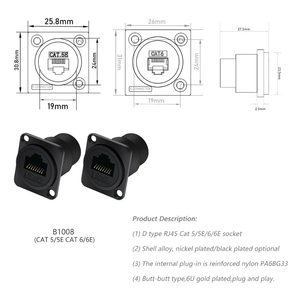 Conector de módulo Cat.6 Internet RJ45 8p8c, enchufe de chasis de montaje en panel tipo D de red RJ45 CAT.6