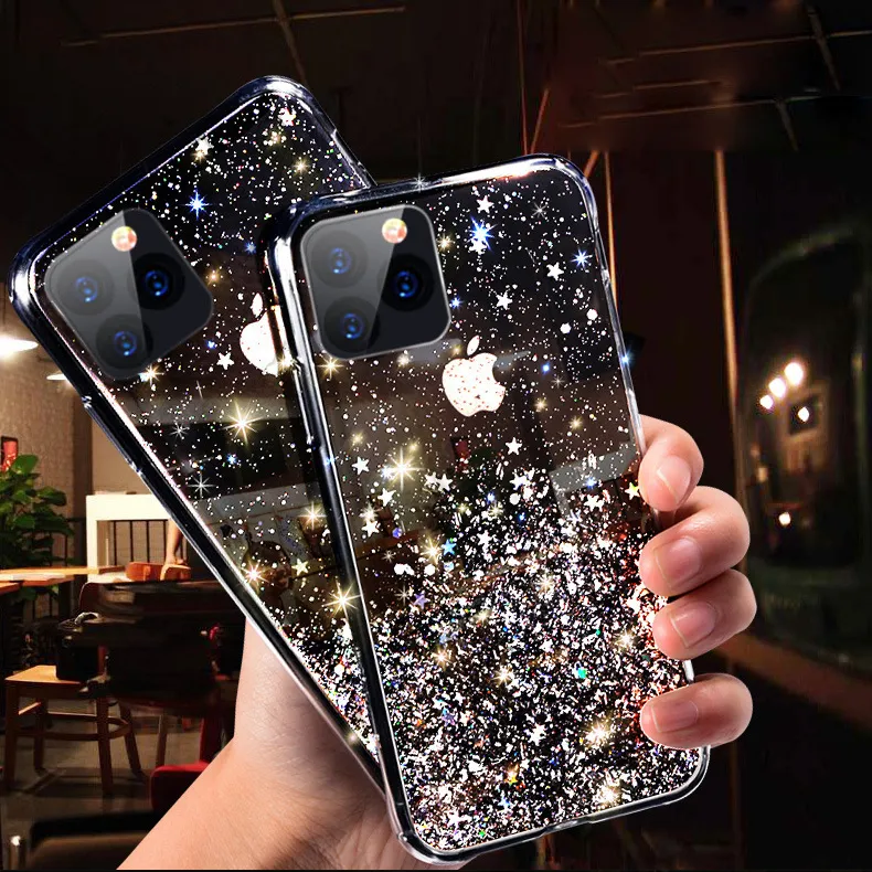 AECKON TPU Mobile Phone Cover Case Shell Transparent Bling Star Flash Powder Business for Iphone 11 Pro 8 7 Plus X XR XS Max