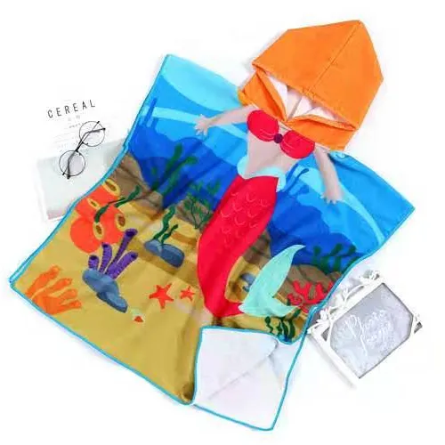 Toalla con capucha de microfibra para niños, poncho con estampado de dibujos animados para playa, venta al por mayor