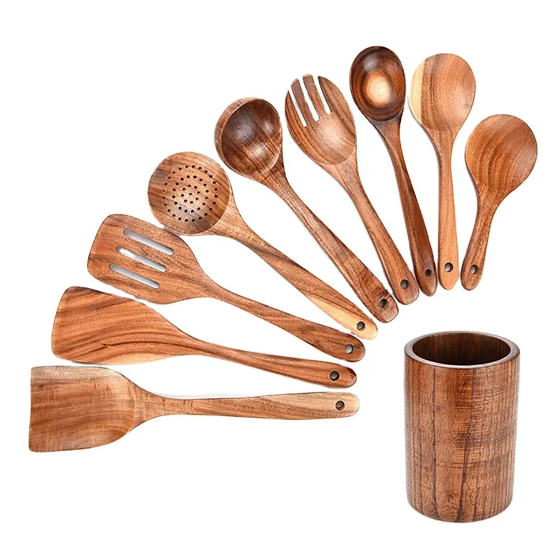 Juego de 9 piezas al por mayor, accesorios versátiles usados para el hogar, utensilios de cocina de chef, utensilios de cocina de madera