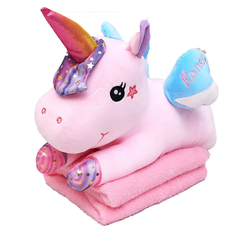 Venta caliente estrella unicornio dormir aire acondicionado manta unicornio viaje cuello tiro personalizado felpa almohada bebé picnic manta gi