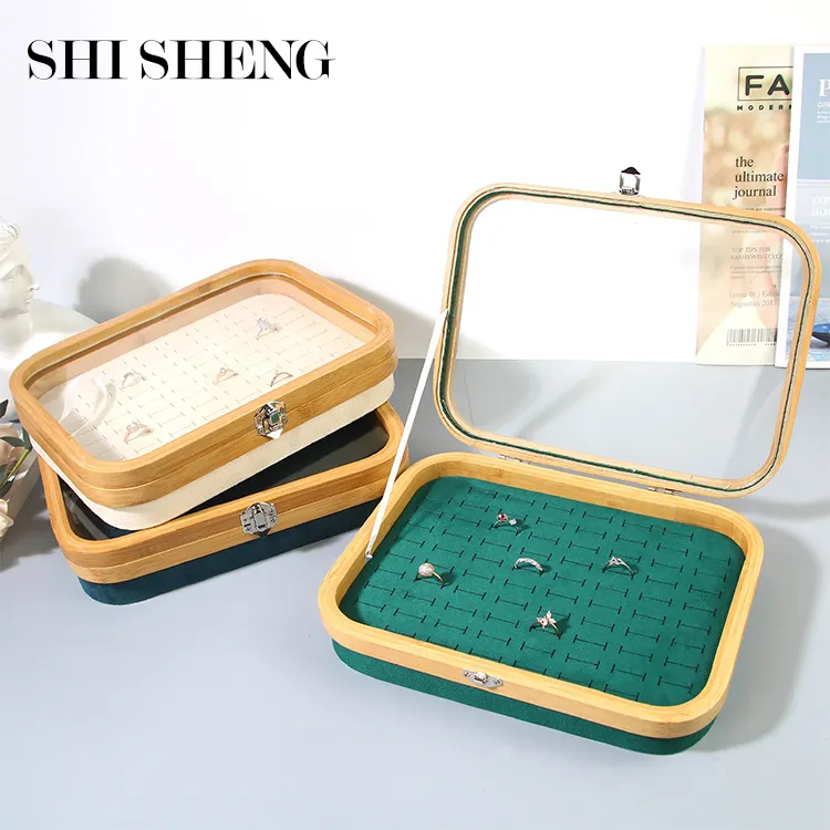 Shi Sheng Mode Draagbare Groene Fluwelen Sieraden Display Doos Lade Met Glazen Deksel Top Voor Etalage Oorbel Opbergdoos