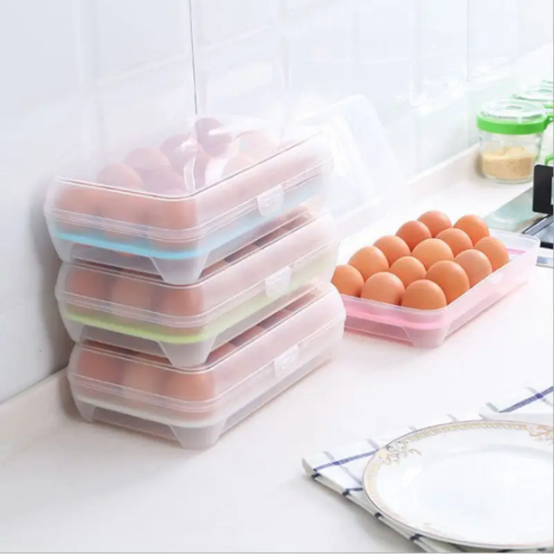 Barato de plástico recipiente de armazenamento de ovos, caixa de armazenamento doméstica cozinha 15 compartimento, refrigerador batedor, caixa de armazenamento portátil