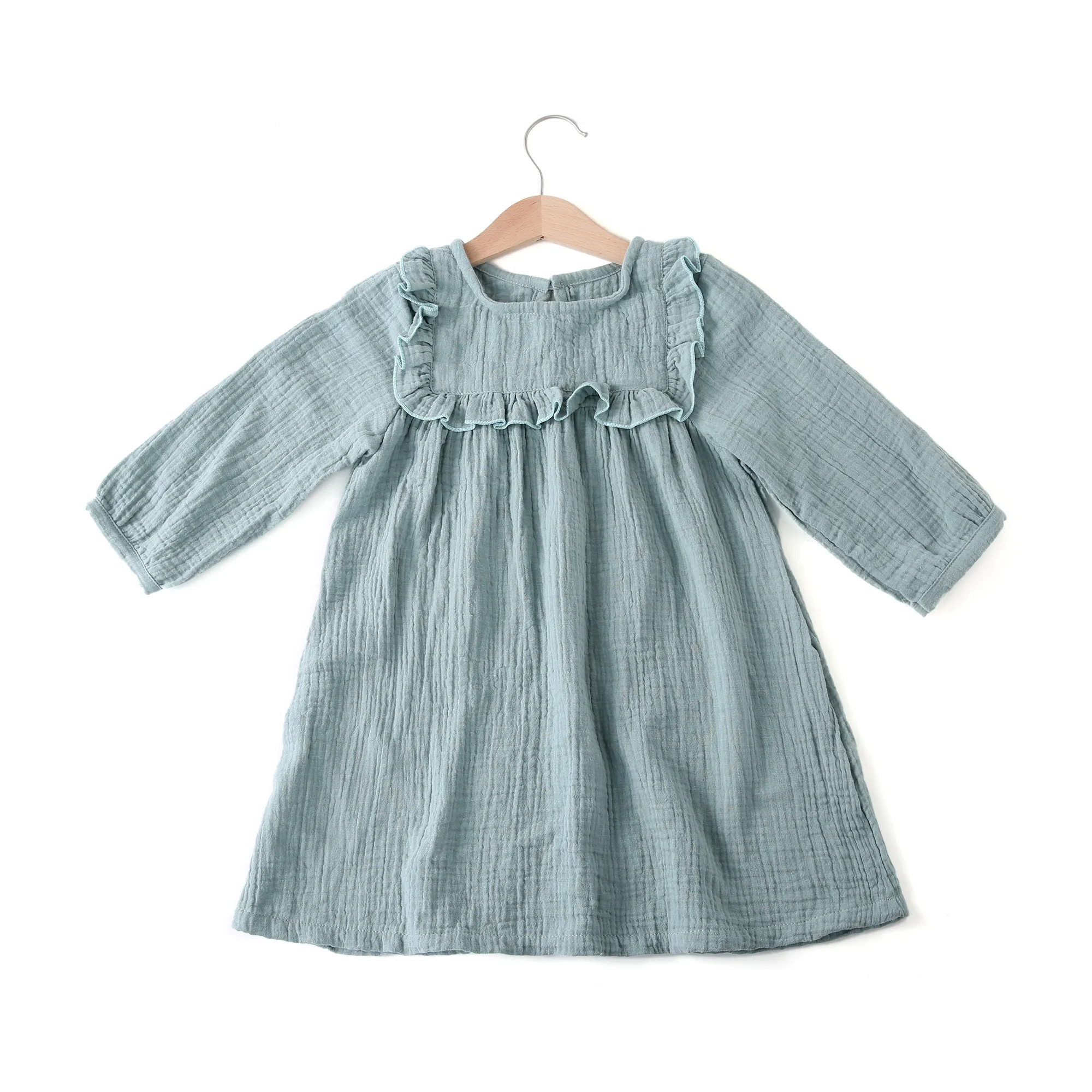 Venta caliente primavera muselina bebé niña vestido manga larga volante liso bordado casual niños vestidos