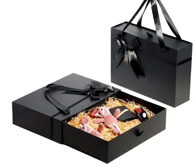 Promo uptodate custom black ribbon portable decorated packaging gift set drawer paper box cosmetic