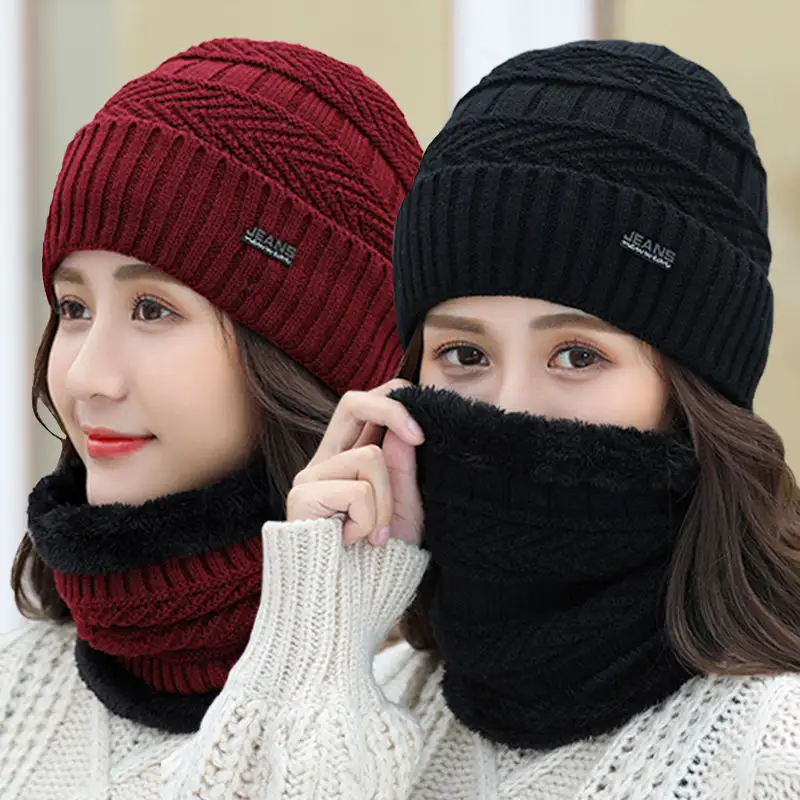 Gorro de lana gruesa para hombre y mujer, conjunto de bufanda y cuello, versión coreana, para invierno y otoño, venta al por mayor