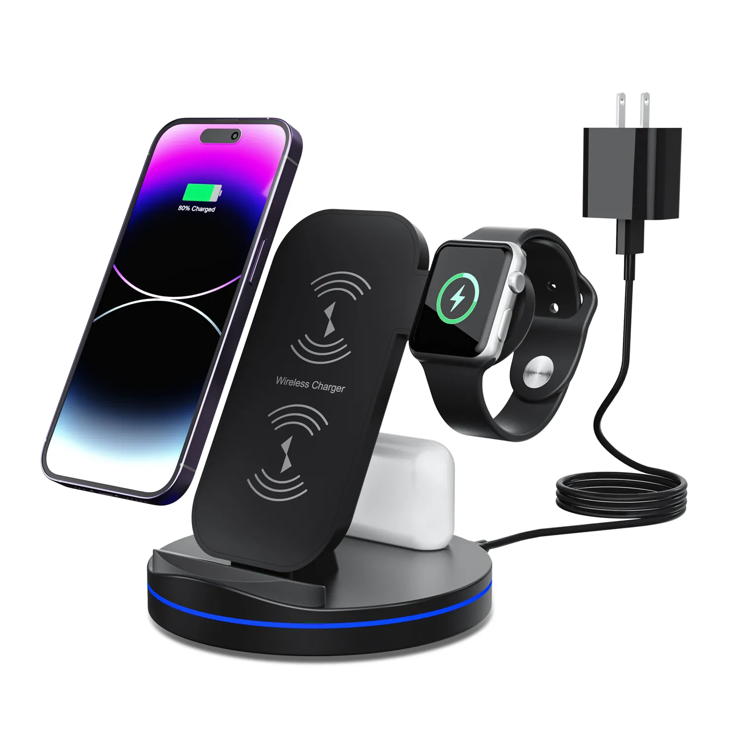 Wireless Charging Station 3 in 1 Wireless Charger for Apple Watch with QC 3.0 Adapter for AirPods 2/Pro