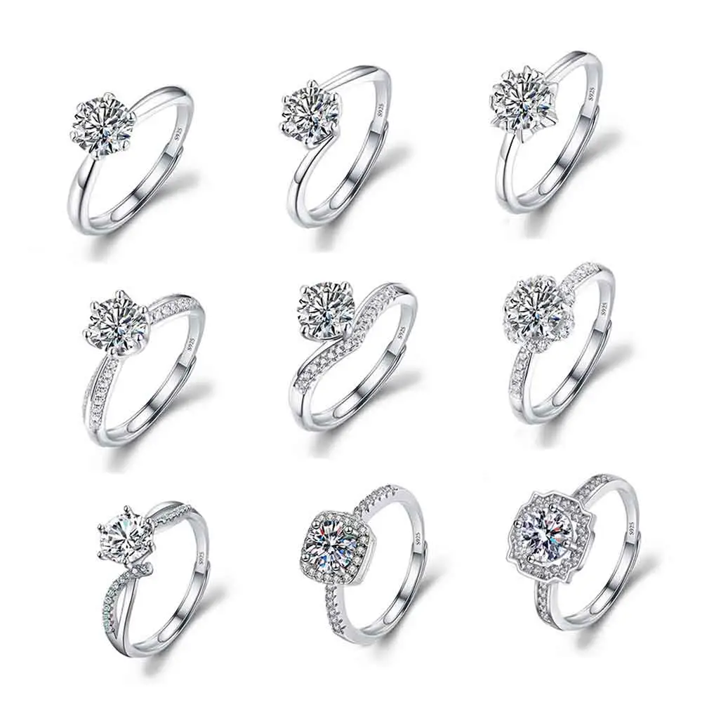 저렴한 40 모델 실버 도금 Moissanite 다이아몬드 여성 럭셔리 지르콘 반지 조절 S925 웨딩 약혼 반지