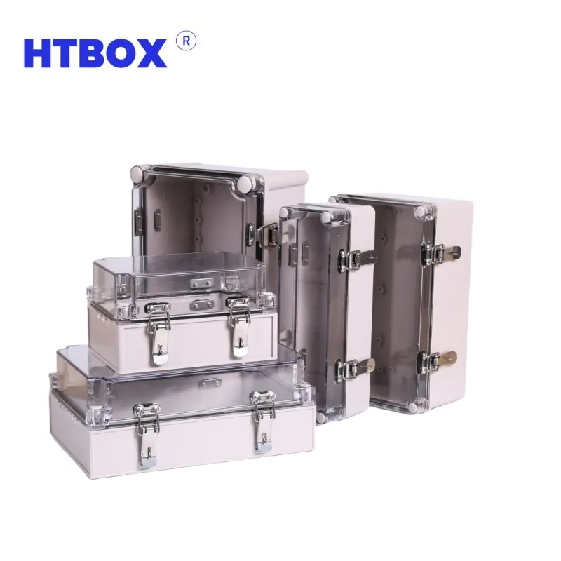 HTBOX OEM Outdoor IP66 ABS Electrical Boxes Plastic Waterproof with stainless steel Metal Buckle Junction Box