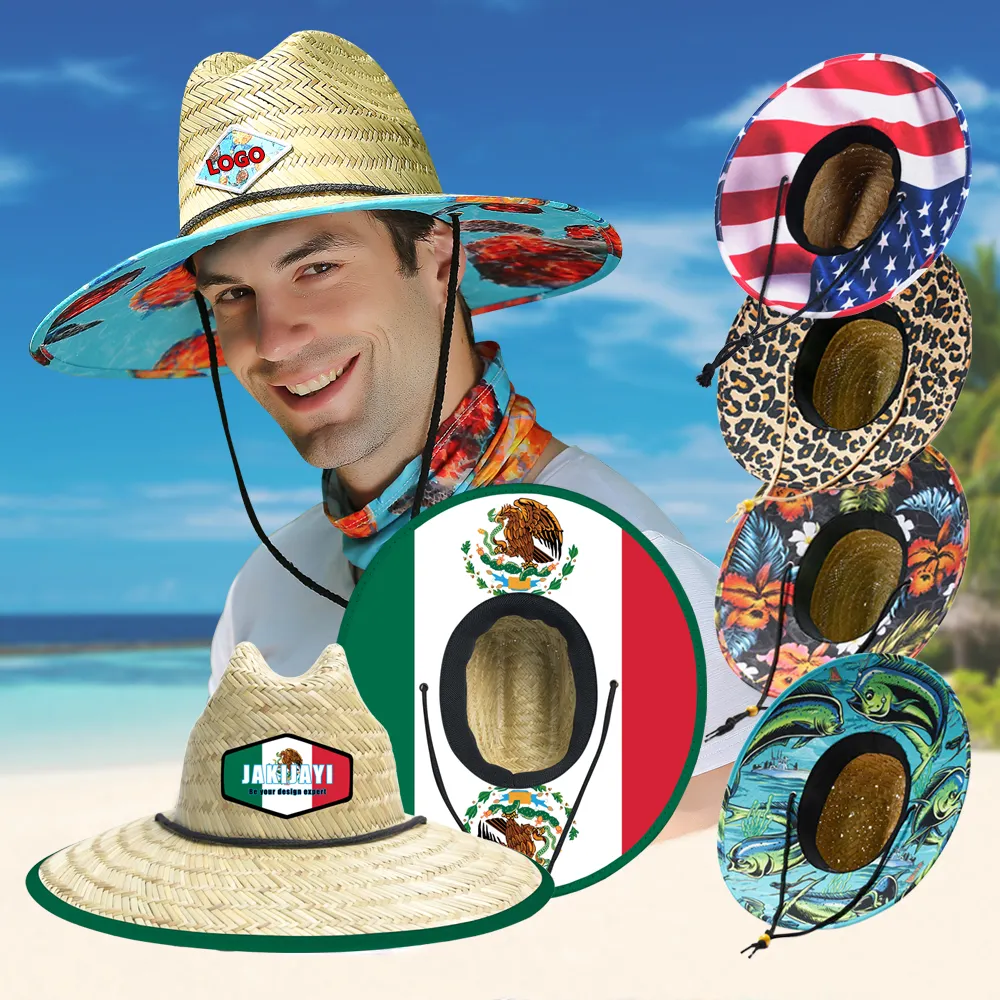 Medyjayi chapéu de palha para homens e mulheres, atacado, praia sombero de paja para homem, verão mexicano, bandeira lifeguard, chapéu de palha