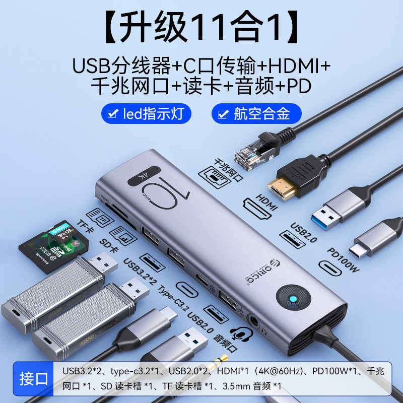 gray 02m-10Gbps-11in 1 USB322 Type-C32 USB20 HDMI Gigabit PD