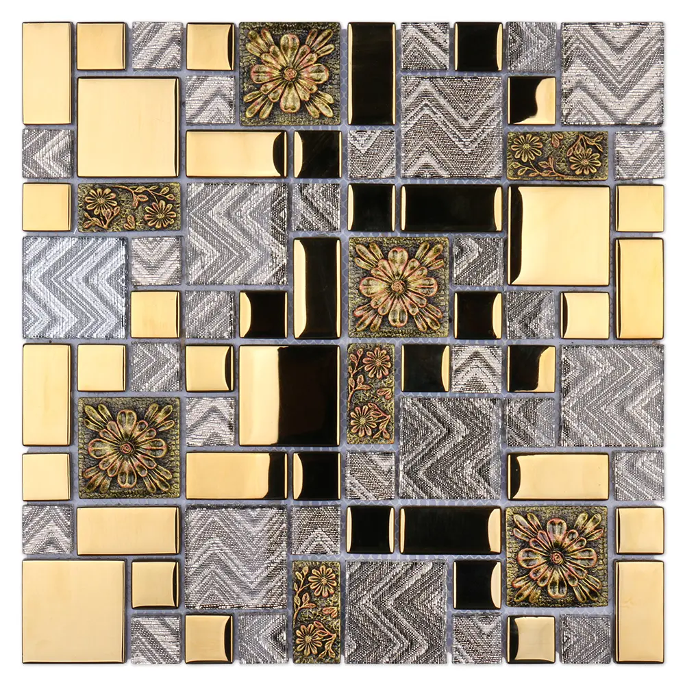 Фабрика Фошань, Современная недорогая трехмерная стеклянная мозаика с цветами золотого цвета для украшения стен