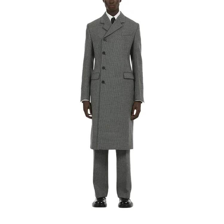Abrigos de lana gris de invierno Abrigo de pata de gallo de doble botonadura de alta calidad Abrigos de bolsillo de pecho X-Long personalizados para hombres