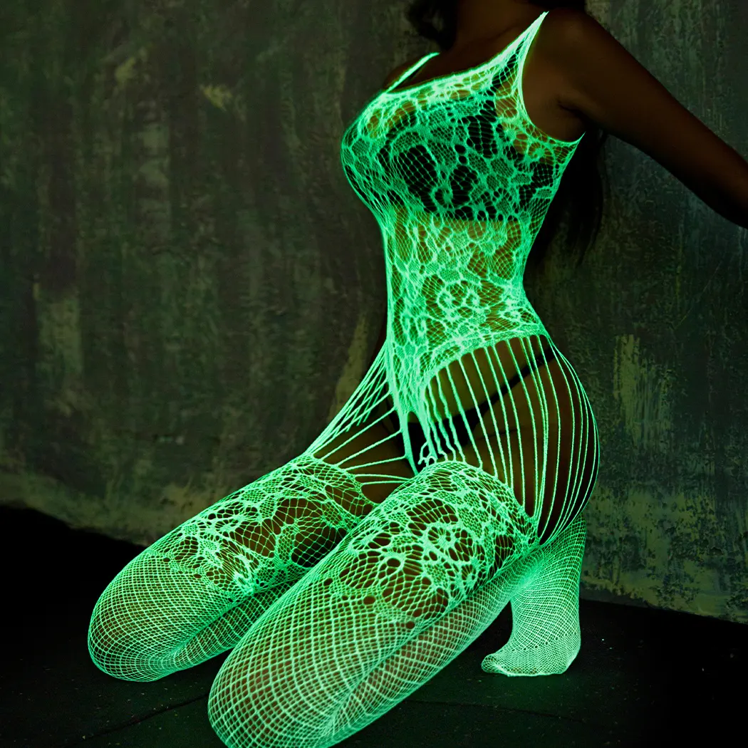 Fornitura diretta in fabbrica glow in dark fishnet bodystocking mesh underwear