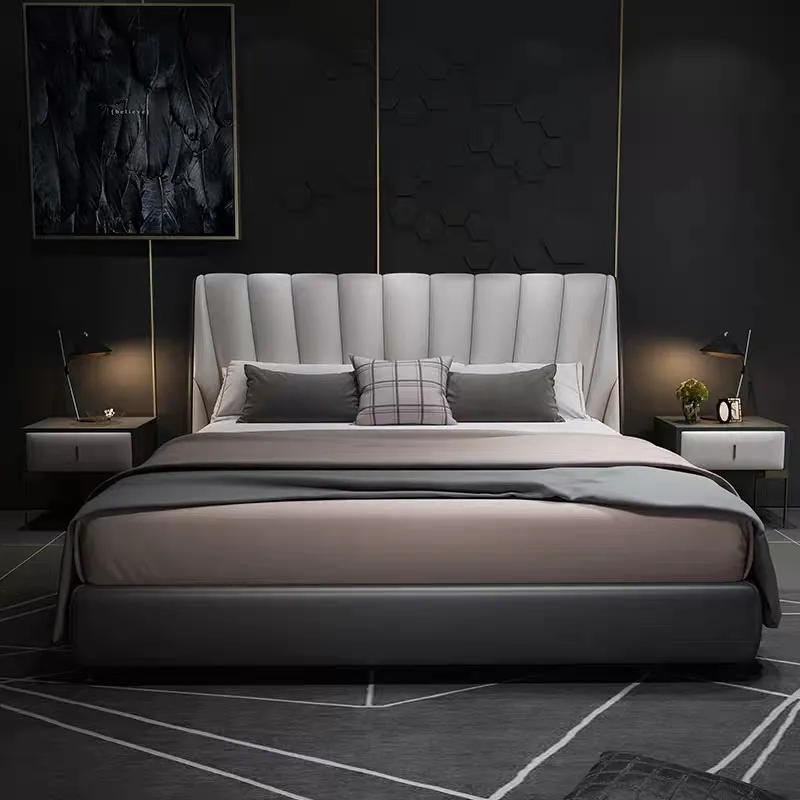 Casa con cama de matrimonio con armazón de colchón de madera con colchón de madera almacenamiento moderno dormitorio gris elegancia del hogar cama queen de terciopelo suave