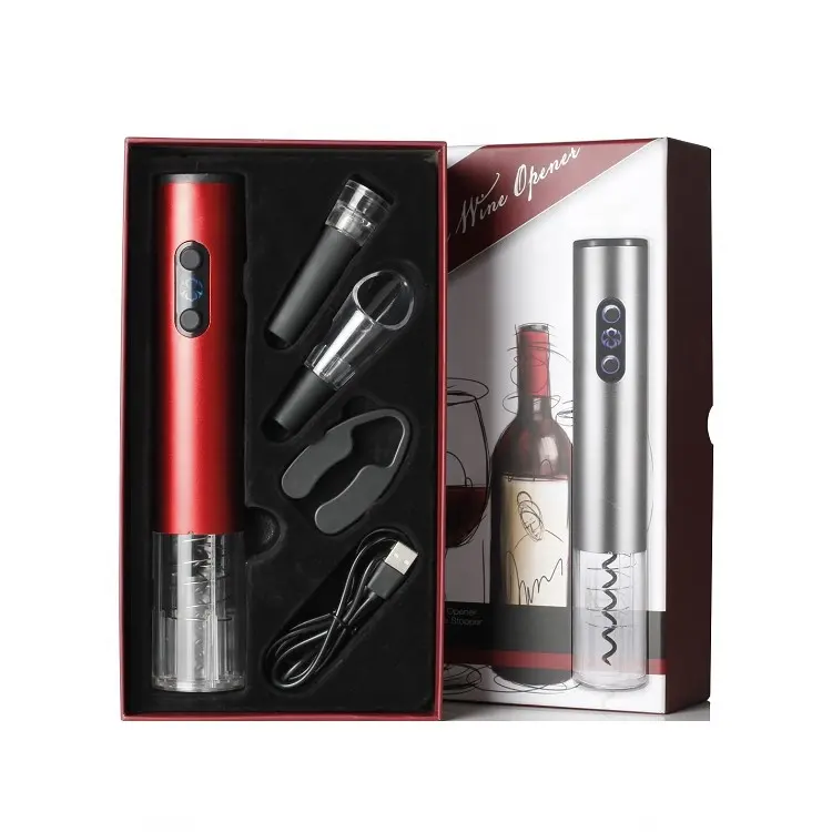 Abridor de vino eléctrico con Cable de carga USB, conjunto de regalo para amantes del vino, Kit de boda de cumpleaños con baterías y cortador de papel de aluminio