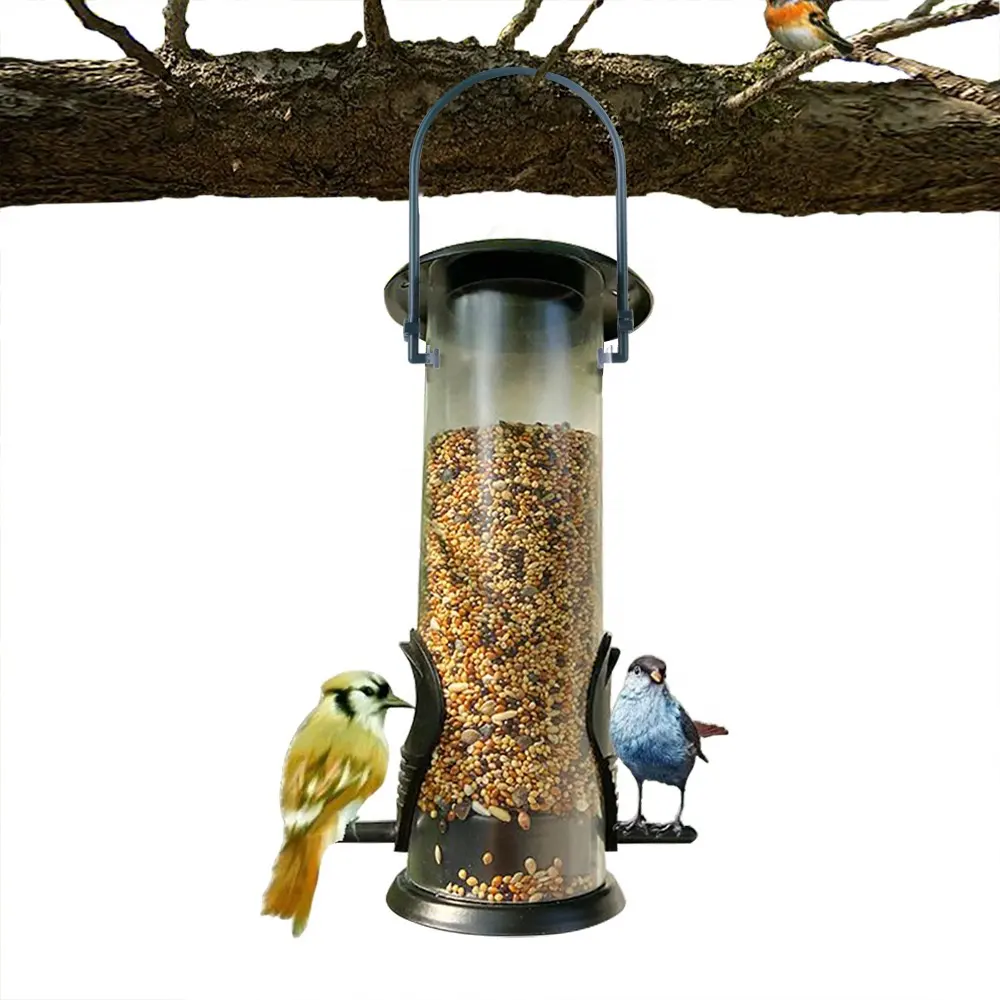 2023 Gaya Baru Otomatis Transparan Luar Ruangan Taman Burung Aksesoris Makanan Pengumpan dan Minuman Benih Menggantung Burung Pengumpan