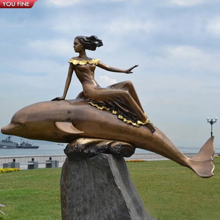 Sirena della statua del bronzo di alta qualità del giardino all'aperto che gioca con il delfino