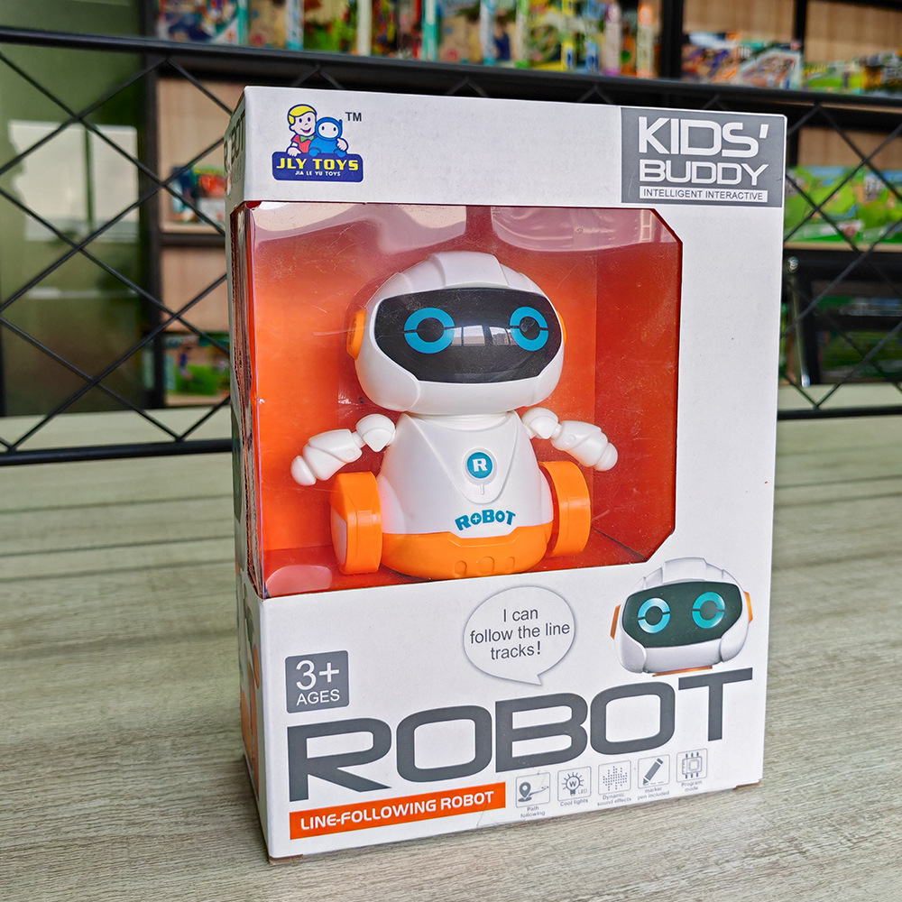 Robot de trazado blanco, efecto de sonido, pantalla en inglés.