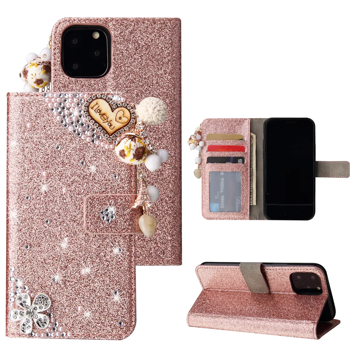 Capa de couro com diamantes personalizada para Apple iPhone 5 6 7 8 XS XR 11 12 13 14 15 Pro Max Samsung Galaxy S24 S23 capa flip glitter