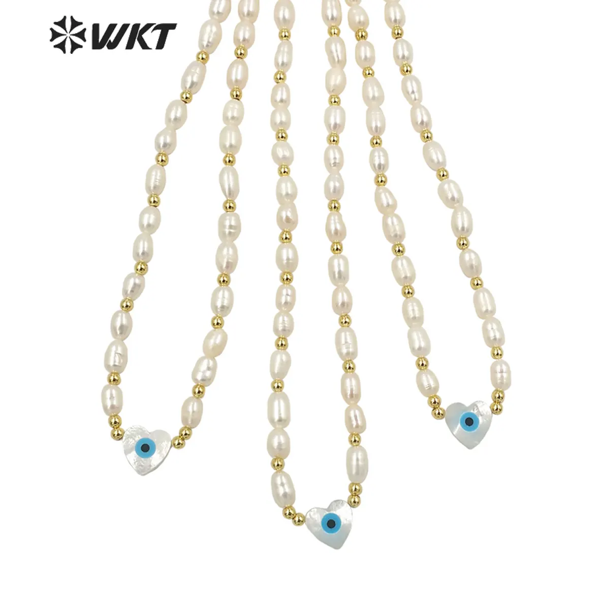 WT-JN194 collana di perle di perle d'acqua dolce naturali placcate in oro di moda splendida collana di perline con ciondolo a forma di occhio di cuore realizzata con conchiglia da donna