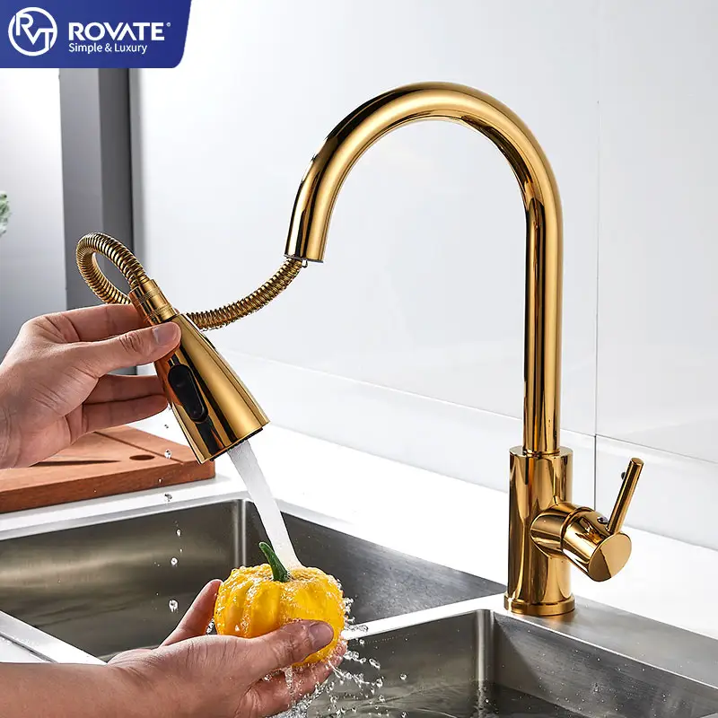 ROVATE 2 modes robinet de cuisine extractible 360 robinets d'évier rotatifs or robinet de cuisine moderne style professionnel robinet de cuisine extractible