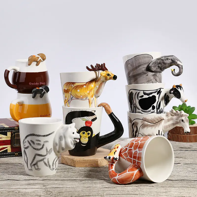 Creativo 3D Tre-dimensionale dipinta A mano Animale Del Fumetto di Ceramica Tazza di Caffè Giraffa Cervo Elephant Novità Tazza di Acqua All'ingrosso