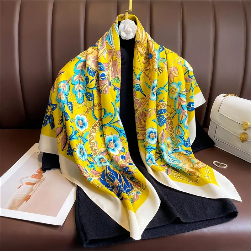 2022 New Silk Scarf Maßge schneiderte Damen schals Korean Flower Shawl 90cm Schöner bedruckter Schal Square Twill Silk Hijabs