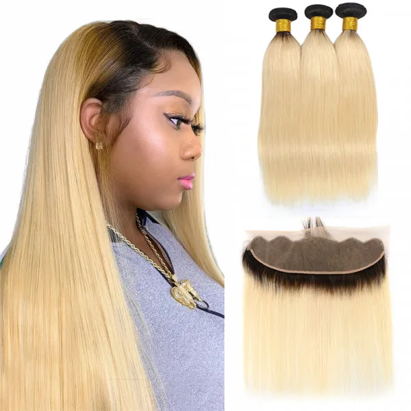 Extensiones de pelo brasileño con encaje de oreja a oreja, mechones de pelo liso sedoso de color ombré, virgen, dos tonos, 1b/613, venta al por mayor