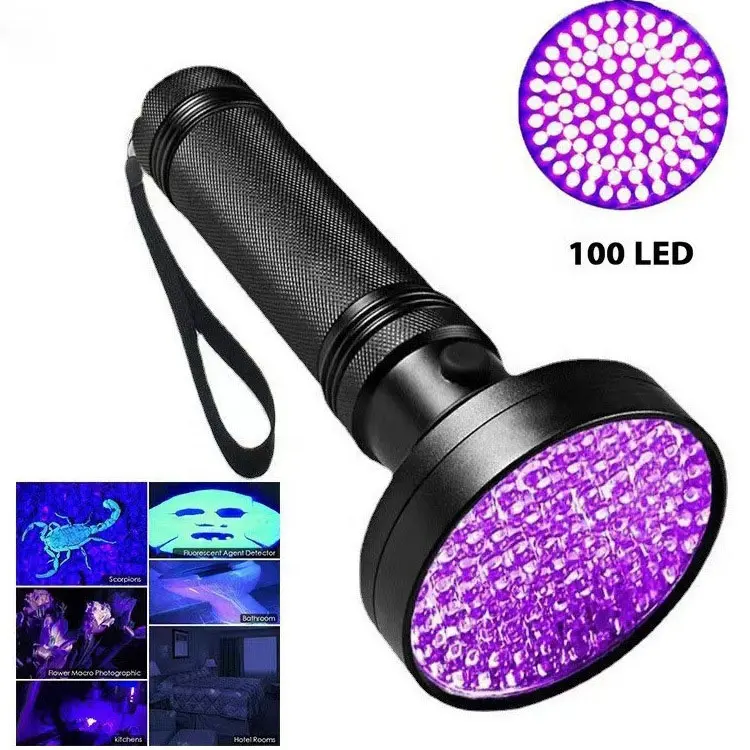 Алюминиевая лампа высокого качества 100 УФ светодиодов Питание от батареи 51 противоскользящий дизайн силикагель Кнопка фиолетовый свет фонарик для собаки питомца