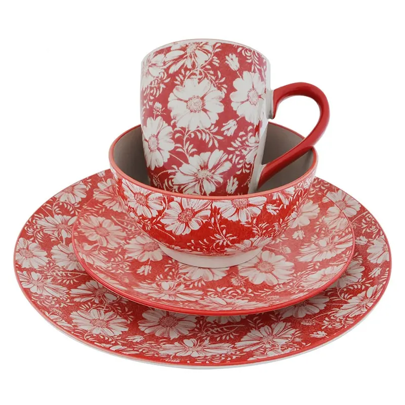 Set di articoli per la casa in porcellana con motivo floreale rosso Set di stoviglie in ceramica di forma rotonda da 5 pezzi