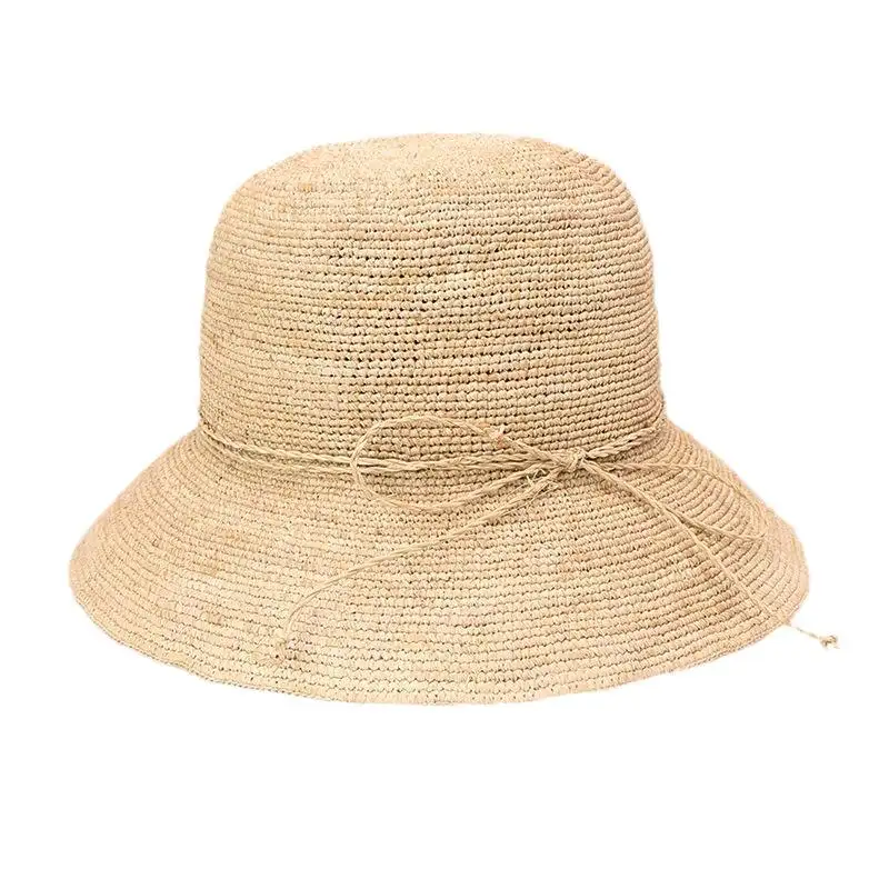 Hoge Kwaliteit Raffia Gehaakte Handgemaakte Haak Strohoed Zon Opvouwbare Lafite Vakantie Zomer Strandhoed