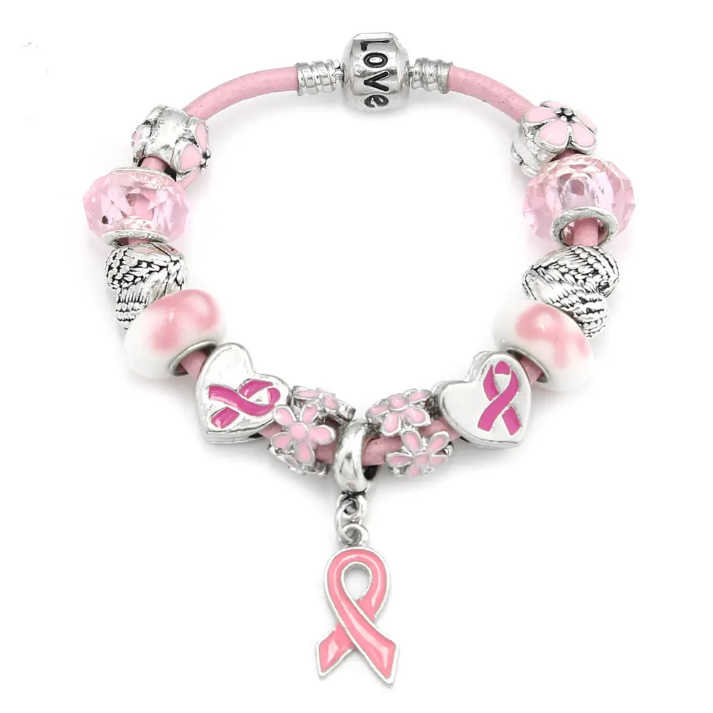 LC202309280 venta al por mayor cuentas de cristal cinta Rosa conciencia del cáncer de mama encanto pulseras joyería encanto pulsera