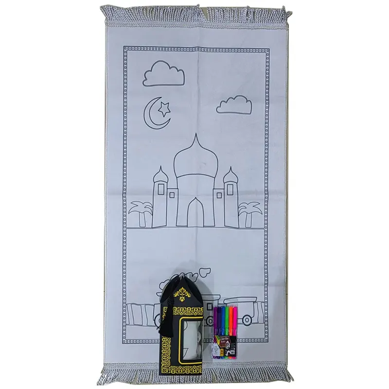 Islam küçük çocuklar dua kilim Namaz halı Eid çizim hediye karikatür Mix tasarım hiçbir renk çizmek çocuklar çocuk DIY seccade set